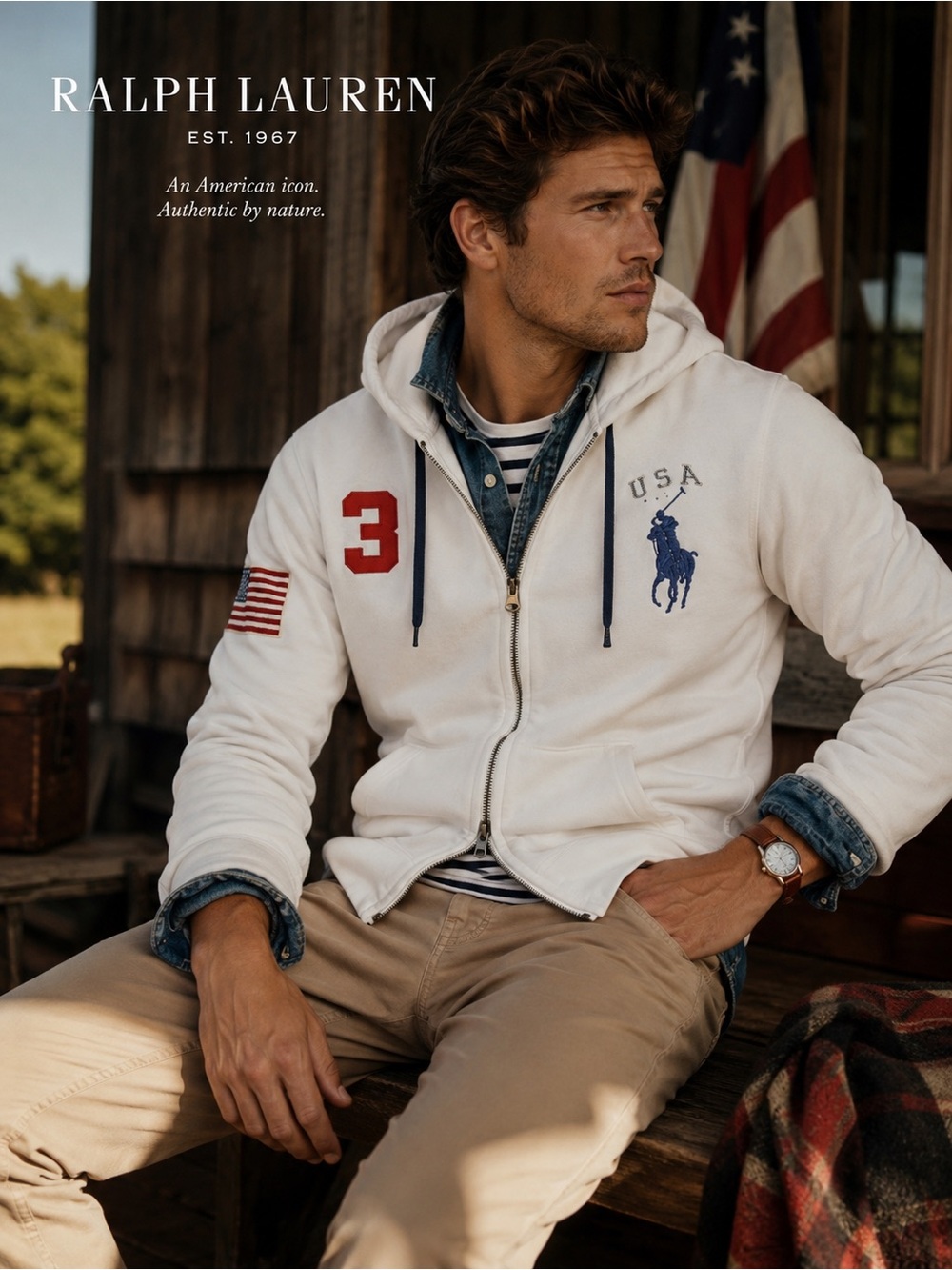 Polo by Ralph Lauren White Zip-Up Hoodie with Navy & Red Accents